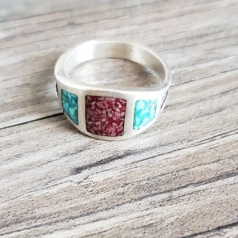 Turquoise and Coral Ring Sz 5
